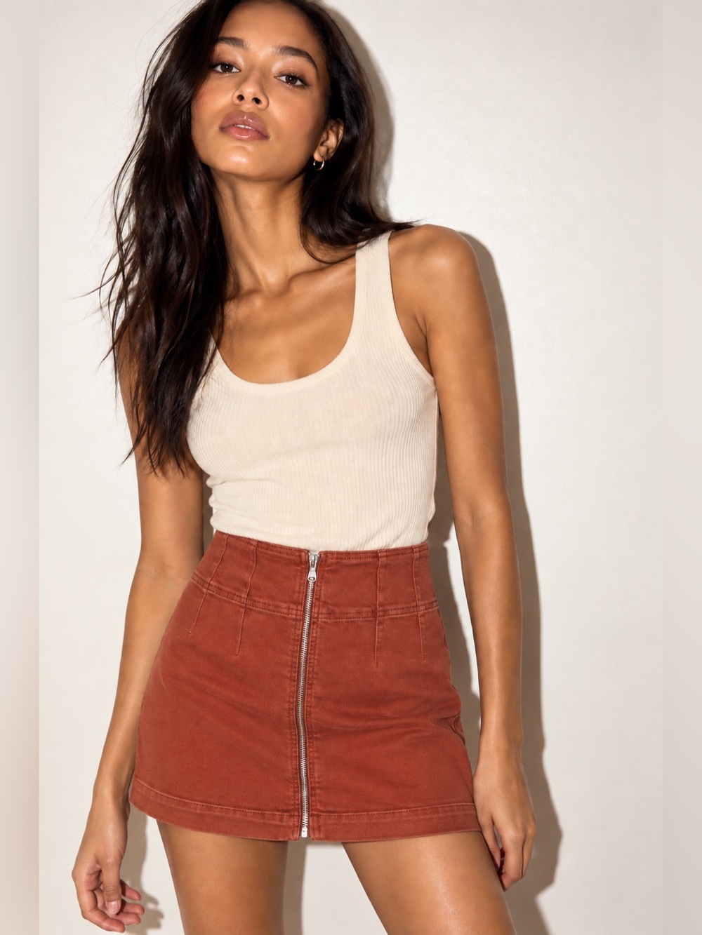 Free People Thirty Rust Zip Front Denim Mini Skirt Size 6